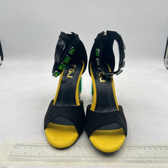 FSJ Black Open Toe Stylish Sandal Ankle Strap Crystal Heels Wedding Party Shoes - Picture 3 of 8